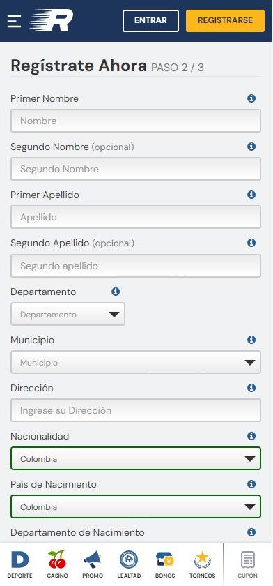 Formulario de registro de Rushbet Colombia