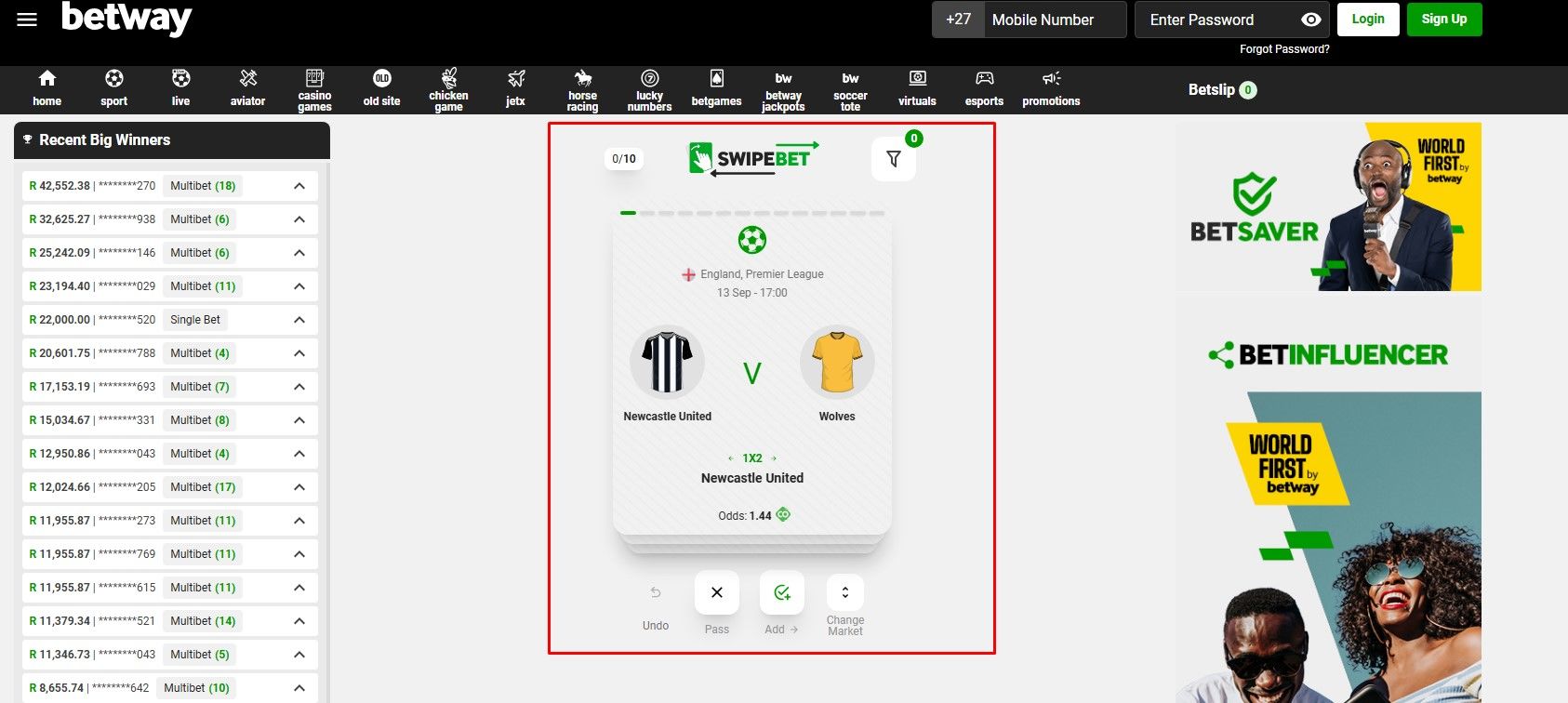 Swipe Bet Betway Features