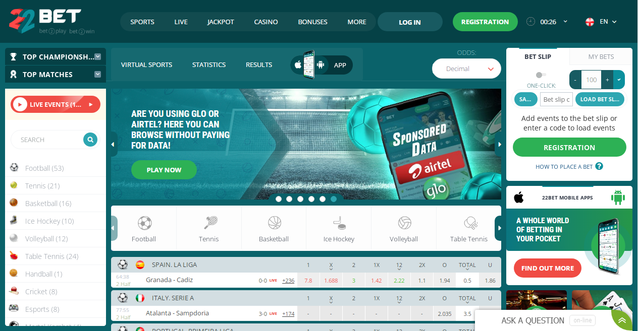 An image of the 22Bet homepage