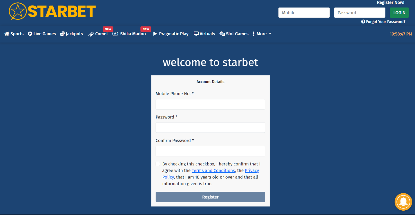 An image of the Starbet register form