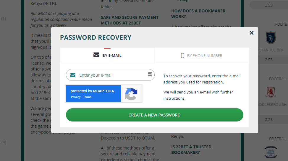 Recovering your password on 22bet