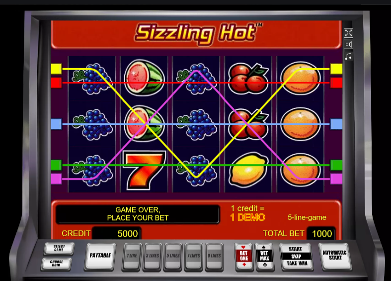 Captura de pantalla del slot Sizzling Hot demo con algunos símbolos