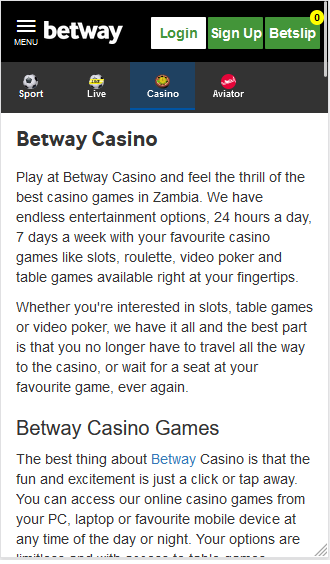 Betway Zambia Mobile Version