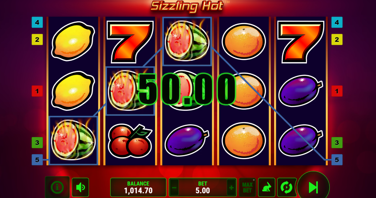Combinación ganadora de sandías en la línea 5 con ganancia reflejada en pantalla en Sizzling Hot