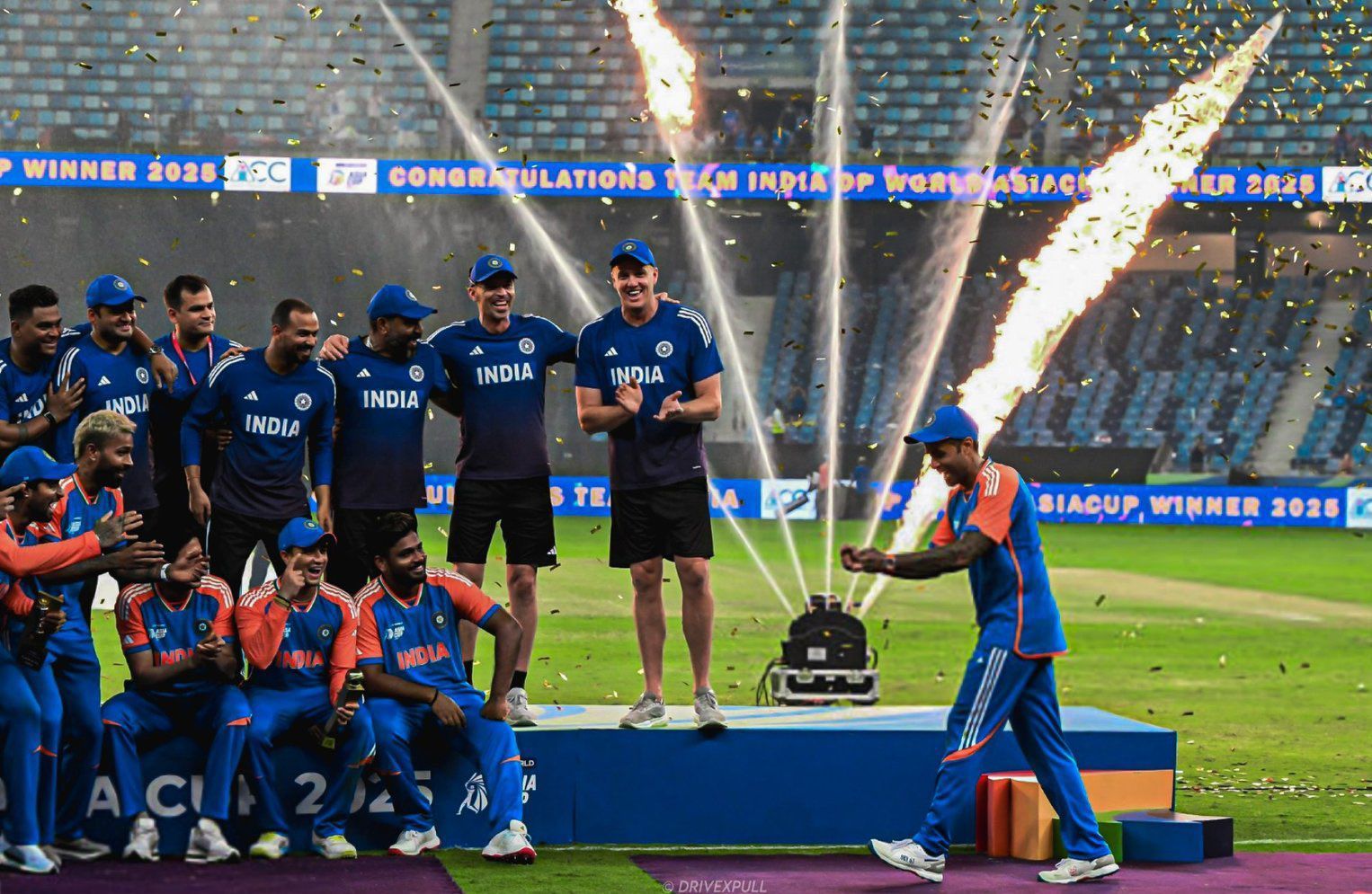 India skipper Suryakumar Yadav and players mocked a trophy celebration without one in hand. India skipper Suryakumar Yadav and players mocked a trophy celebration without one in hand.