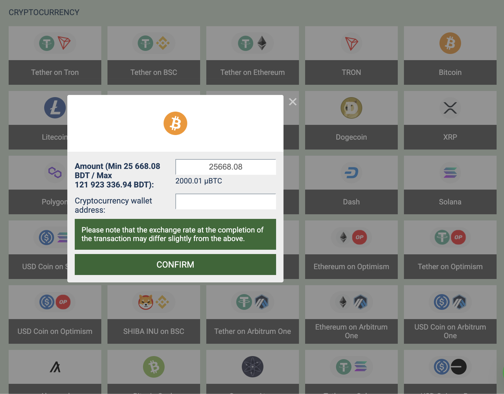 Withdrawal section at MelBet showing various crypto withdrawal methods including BTC