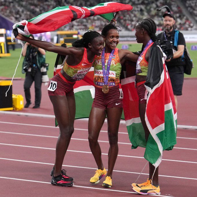 IN A LEAGUE OF HER OWN: Faith Kipyegon celebrates with her teammates. @WorldAthletics/X IN A LEAGUE OF HER OWN: Faith Kipyegon celebrates with her teammates. @WorldAthletics/X