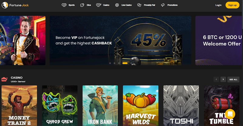 The homepage of FortuneJack online casino