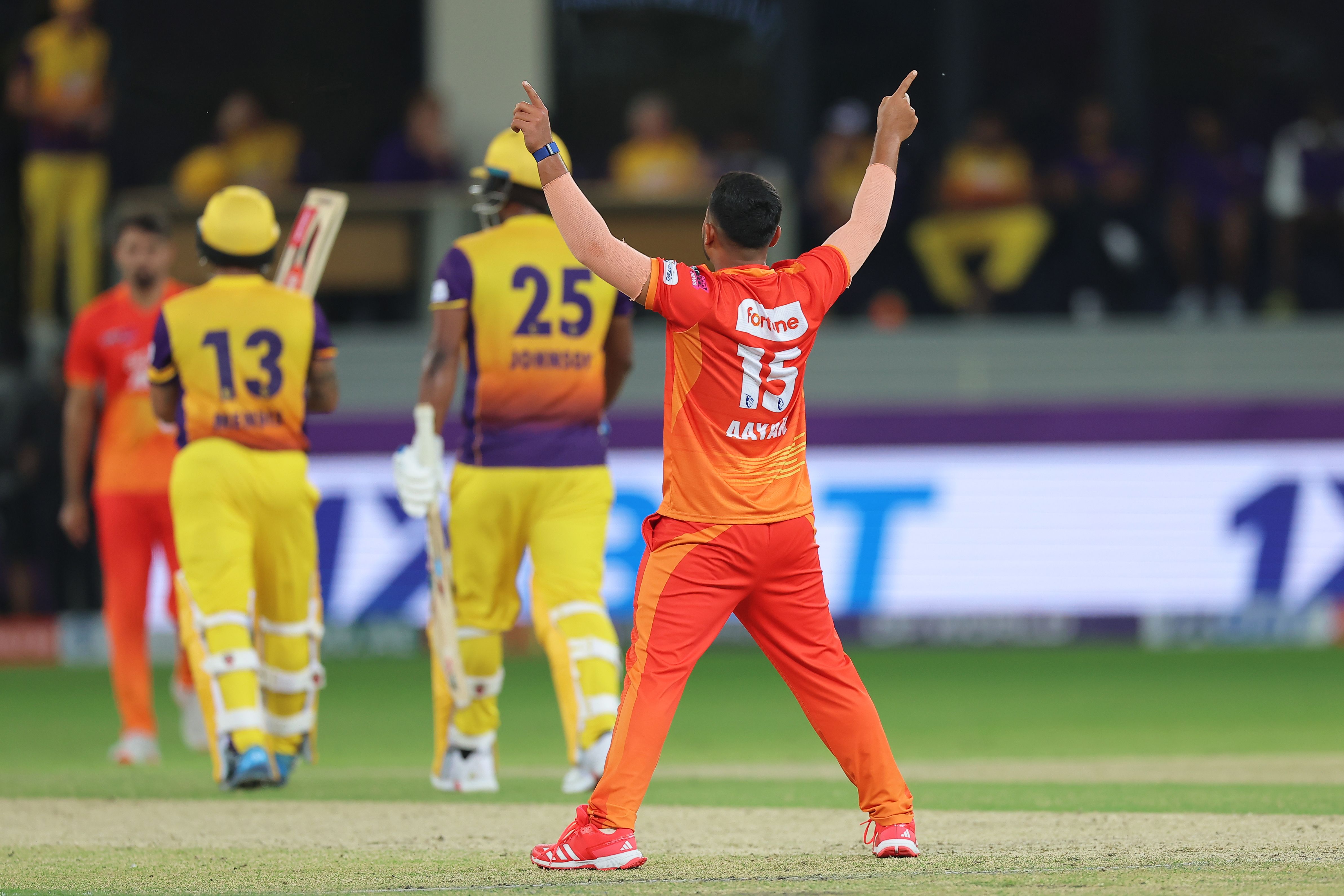 Aayan Khan celebrates a wicket against Gulf Giants. @ILT20 Aayan Khan celebrates a wicket against Gulf Giants. @ILT20