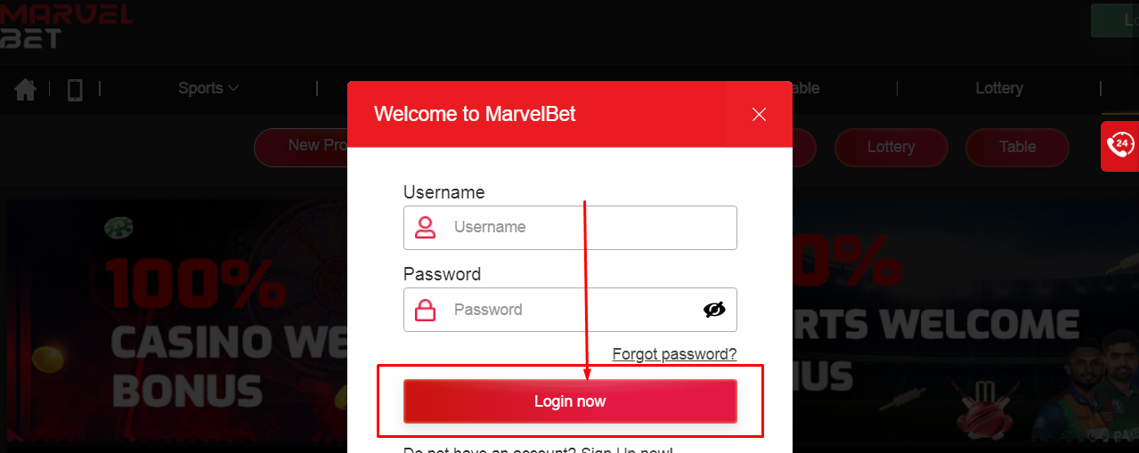 An image of Marvelbet wrap up login process page