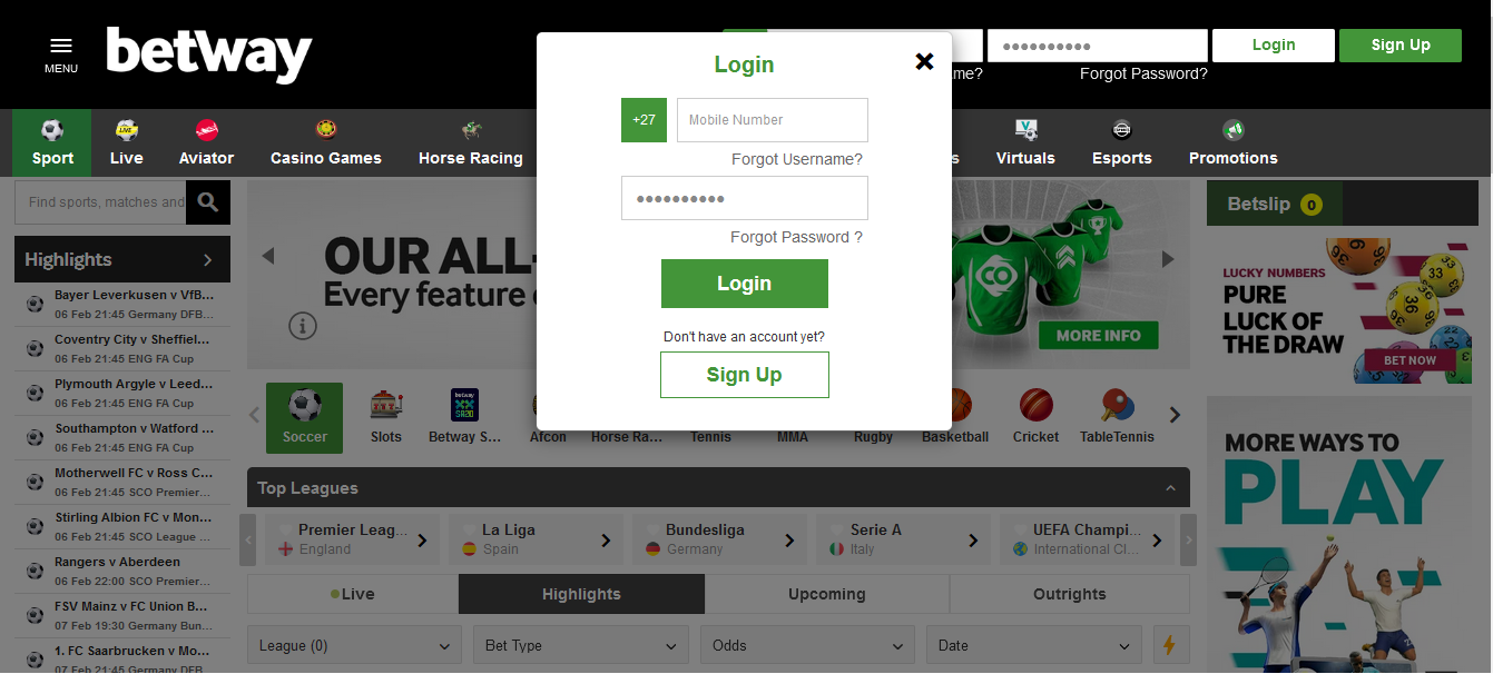 Image Betway South Africa Login Form