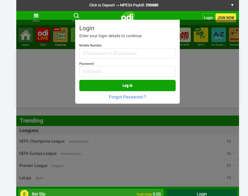 Key in your details to Odibet Login