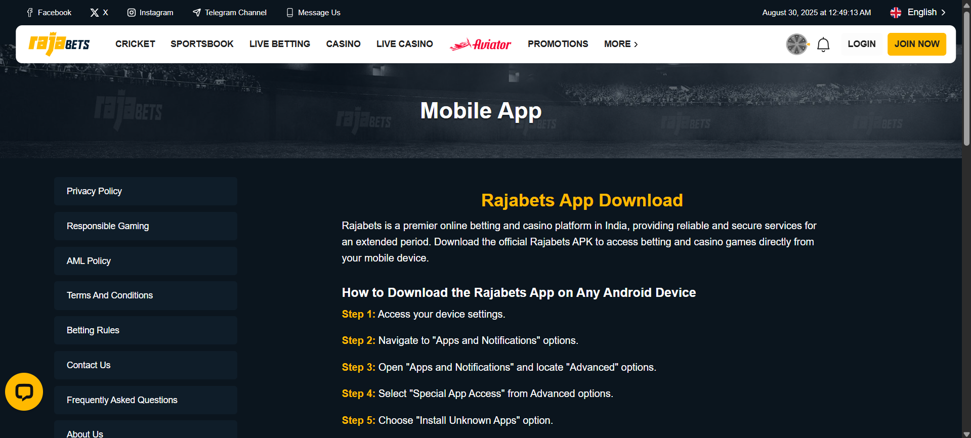 Mobile app Rajabets