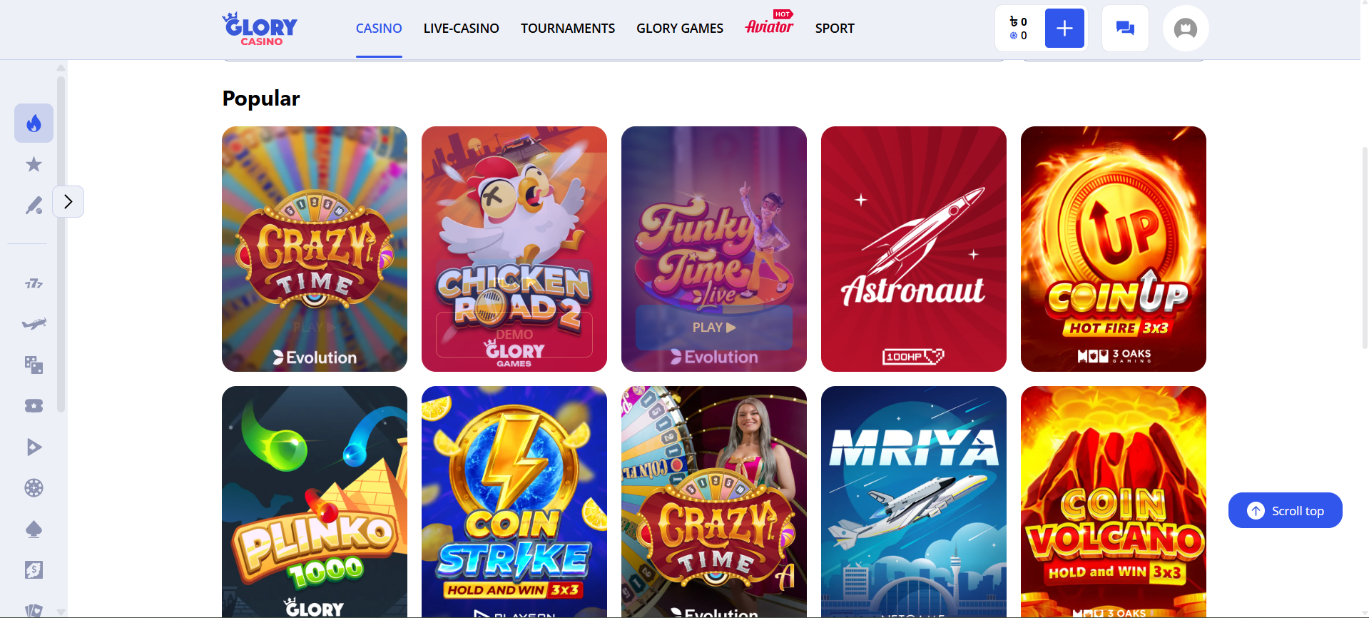 Local casino interface Glory Casino