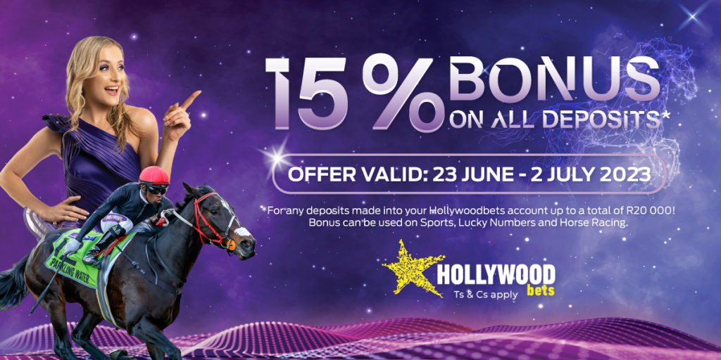 Image shows Hollywoodbets 15% July Bonus page page