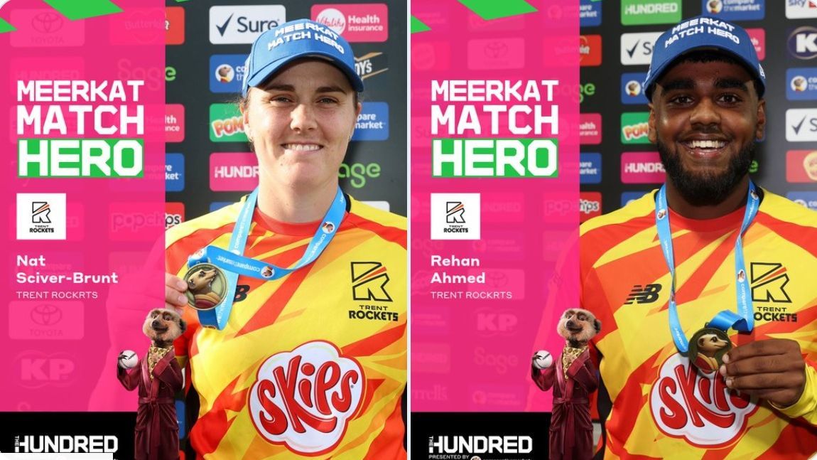 Nat Sciver-Brunt and Rehan Ahmed  with their awards. @The Hundreds