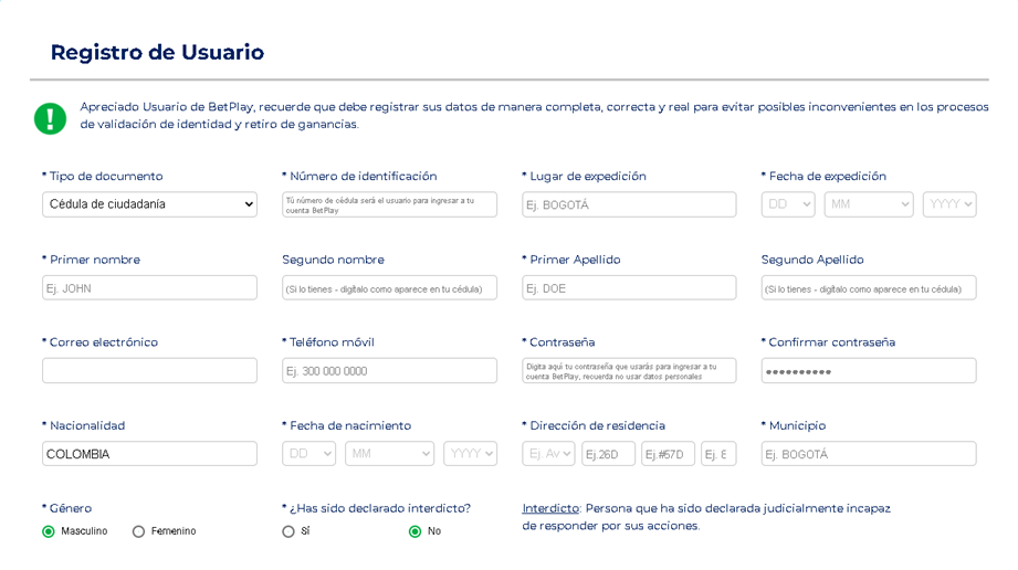 Versión de escritorio del formulario de registro de Betplay para Colombia
