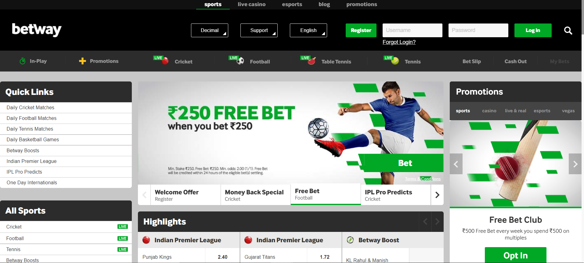 Sportsbetting homepage of Betway Betway provides its players with a welcome bonus and numerous types of bets.