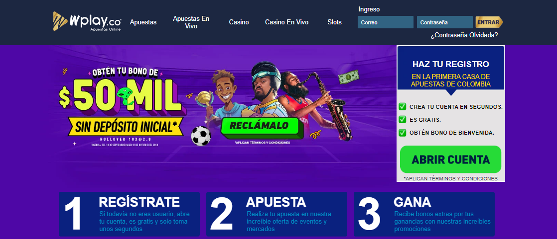 Se muestra un extracto de la página principal de Wplay Colombia