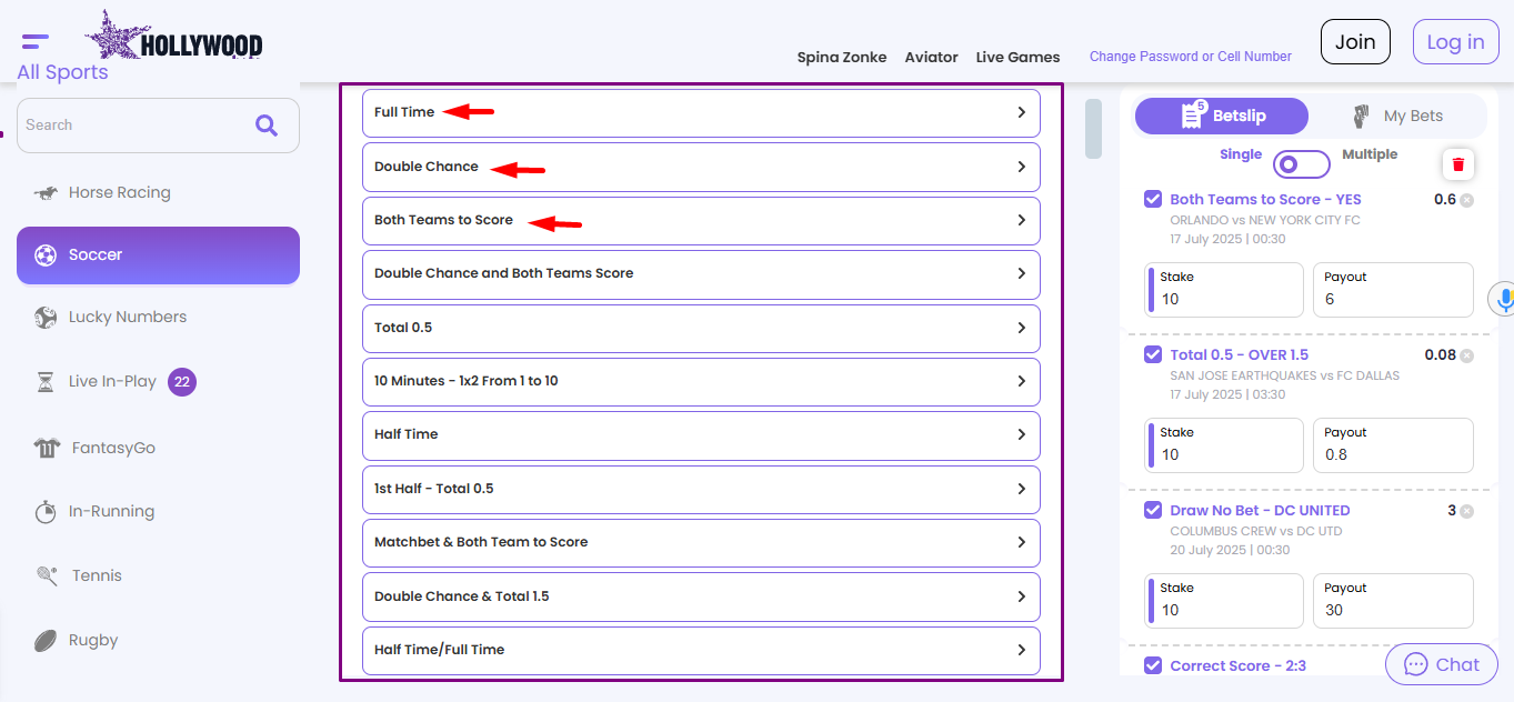 Hollywoodbets SA Soccer Markets