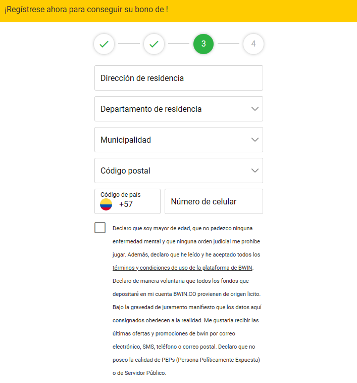 Página de registro de Bwin Colombia