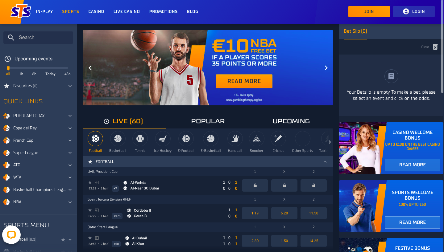 STS bet website home page with in-play live betting