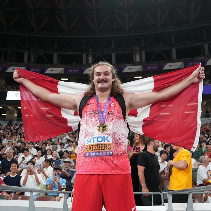 Canada's Ethan Katzberg celebrates his gold medal winning performance. @AthleticsCanada/X Canada's Ethan Katzberg celebrates his gold medal winning performance. @AthleticsCanada/X