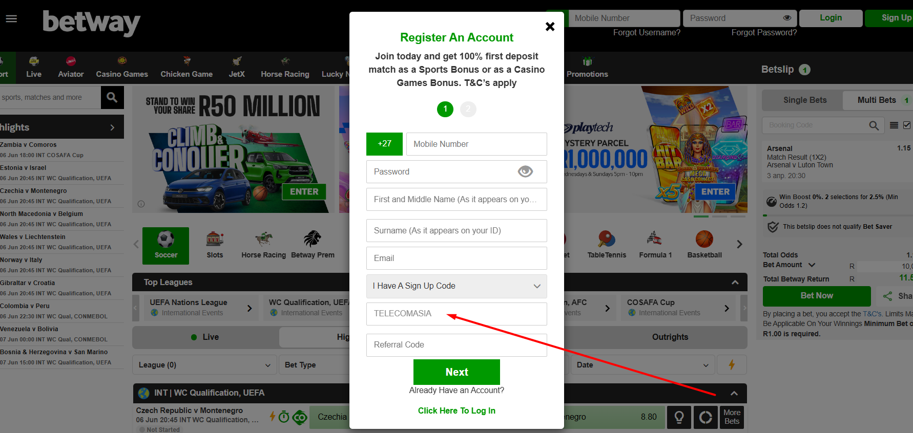Image of Betway SA Register Account Form