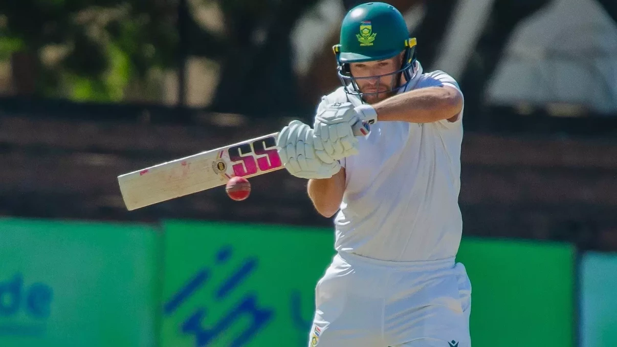 Proteas all-rounder Wiaan Mulder in action with th