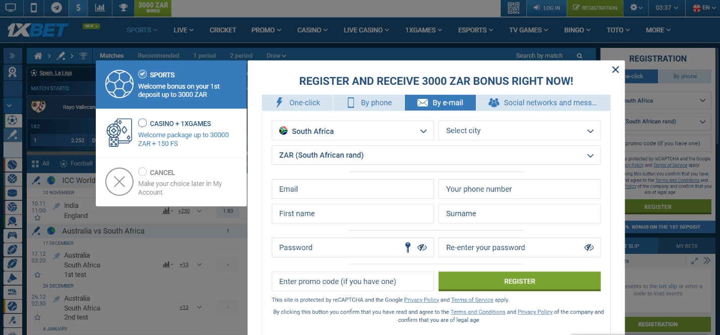 An image of the 1xBet sign-up form by email