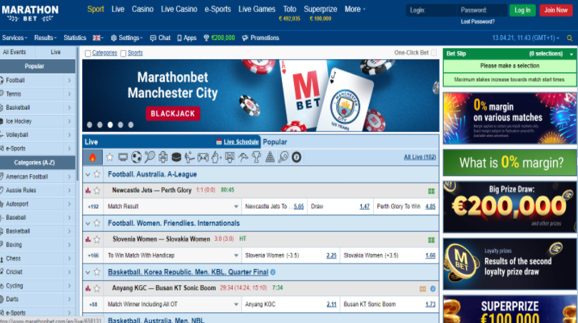 Marathonbet available odds, lines & betting markets