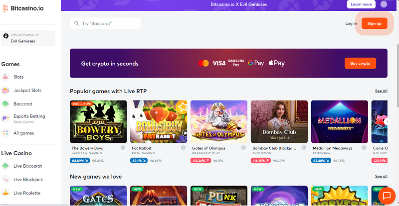 The homepage of games on Bitcasino