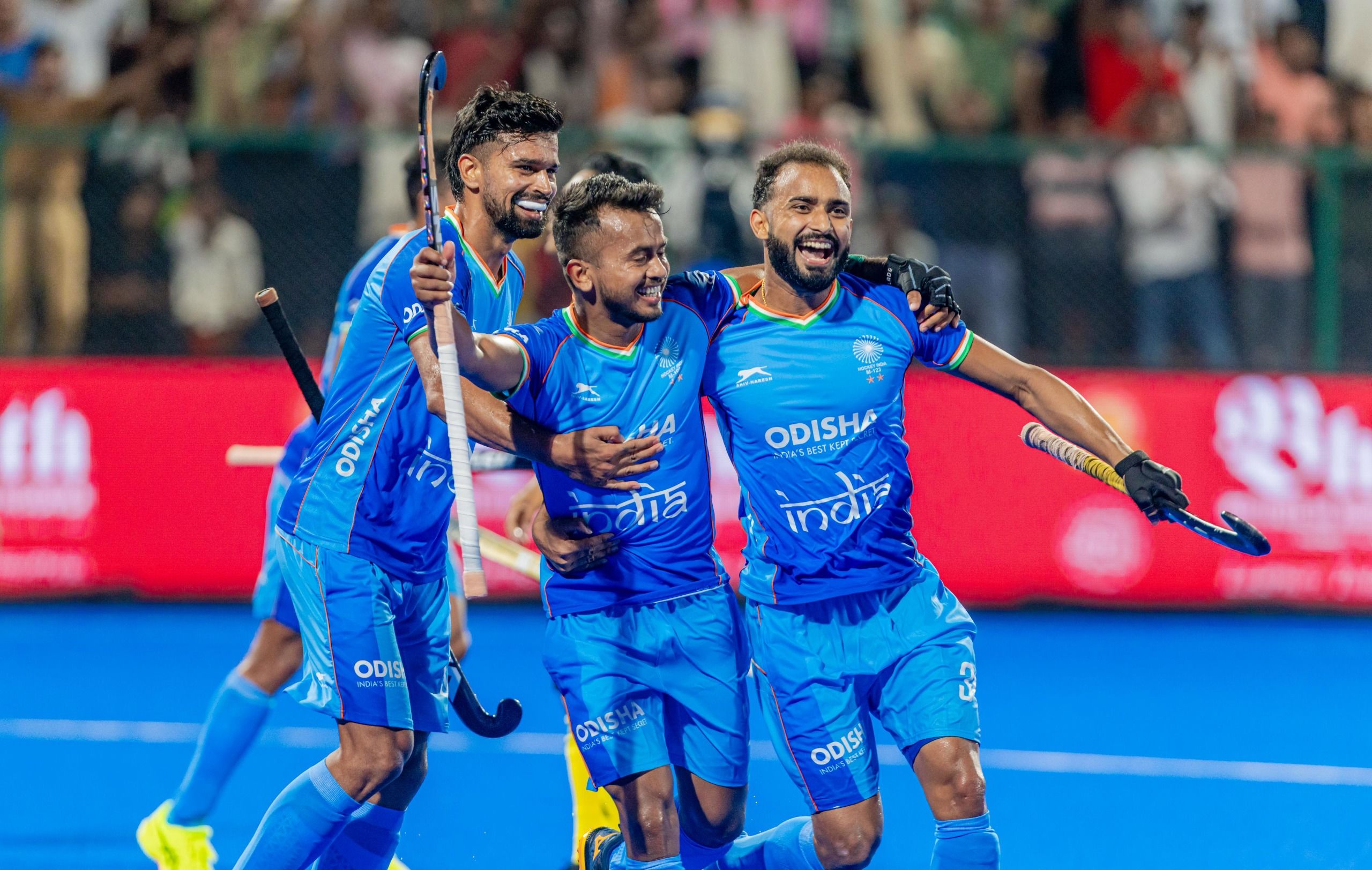 India players celebrate a goal against Malaysia. @Hockey India