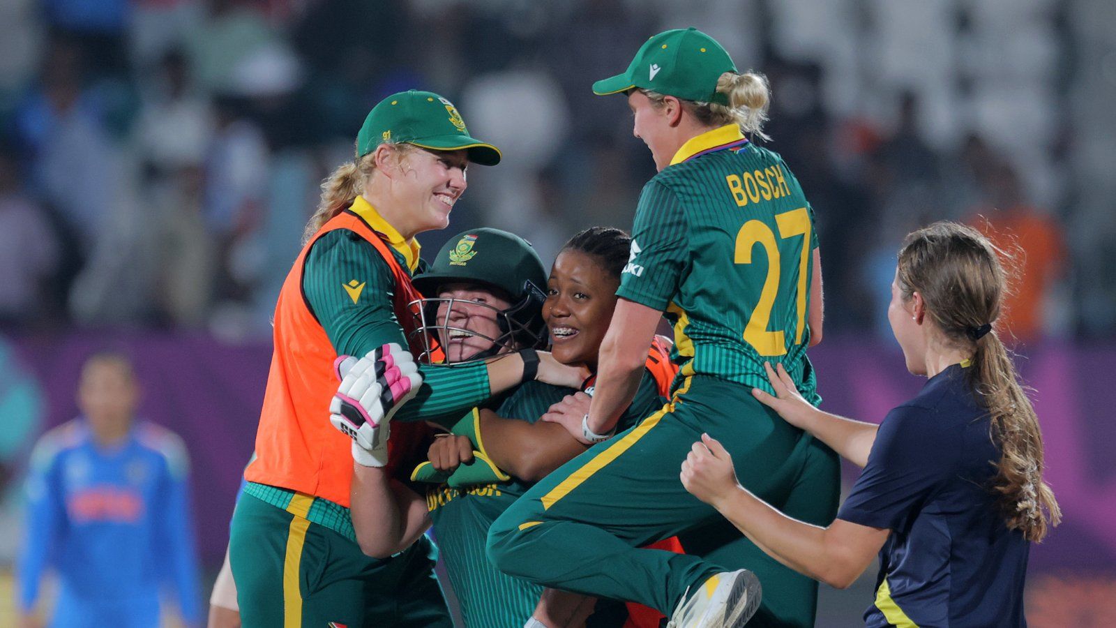 TASTE OF SUCCESS: South Africa players celebrate their sensational win over hosts India. @ICC/X