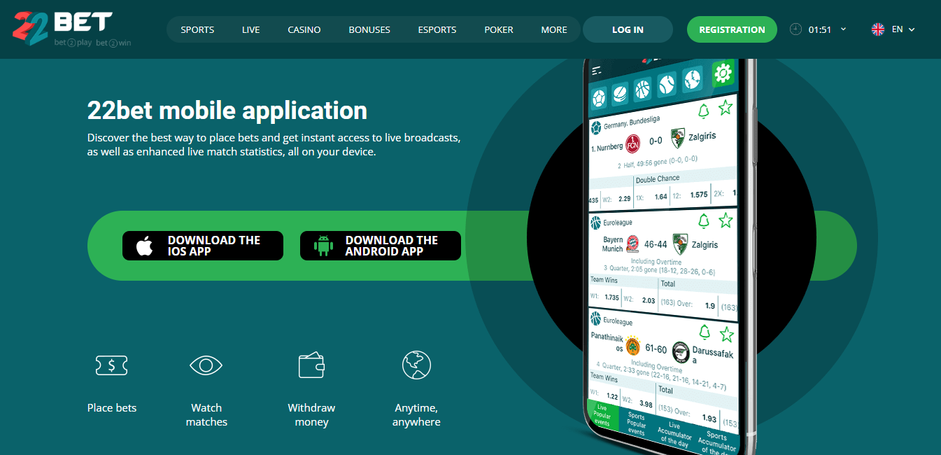 How to download and Install 22Bet Mobile Betting Apps banner