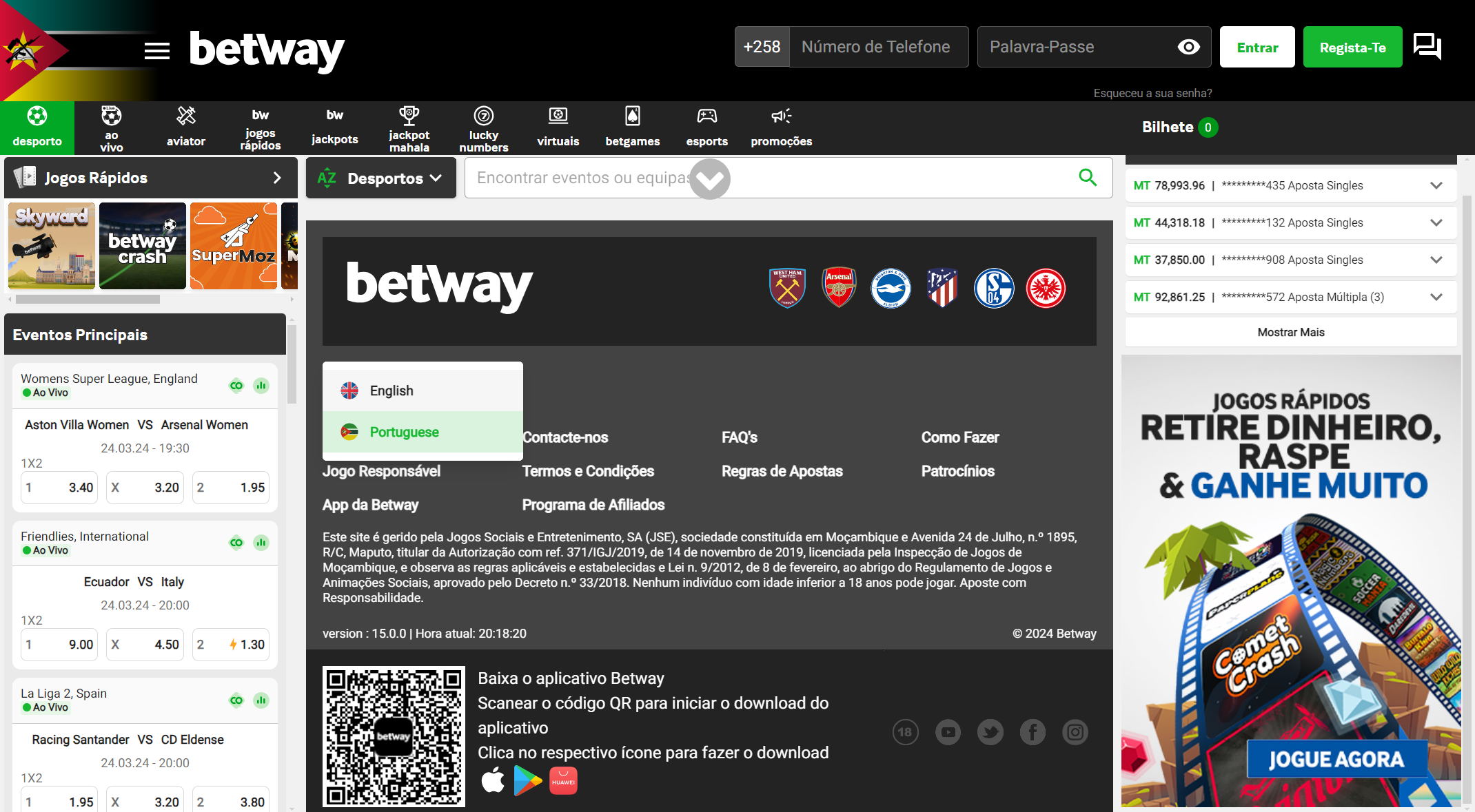 Versão web da Betway