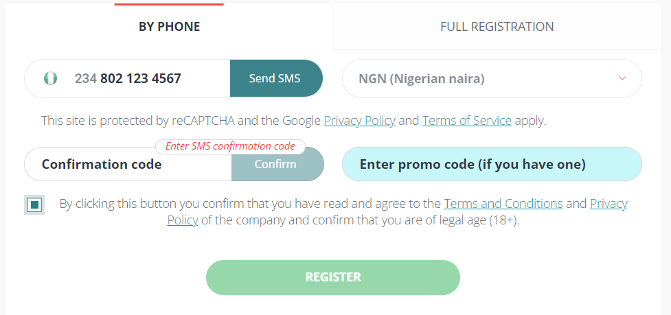 Phone registration options as provided by 22bet Nigeria