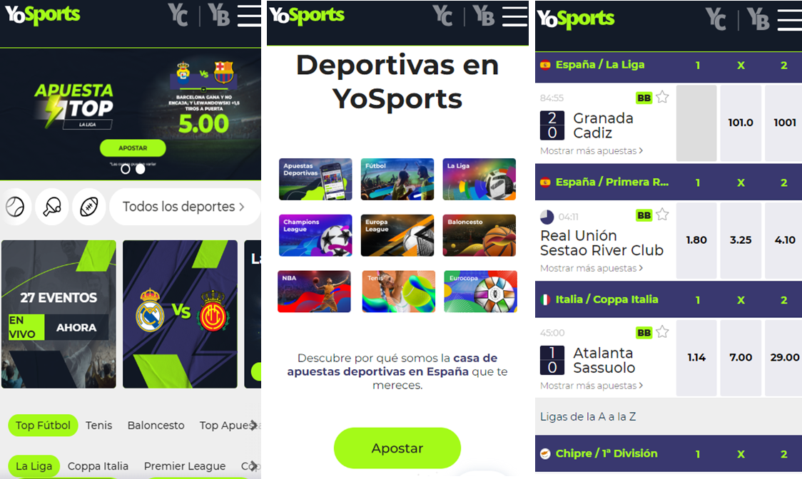 screenshots de la sección deportes de las app YoSports España