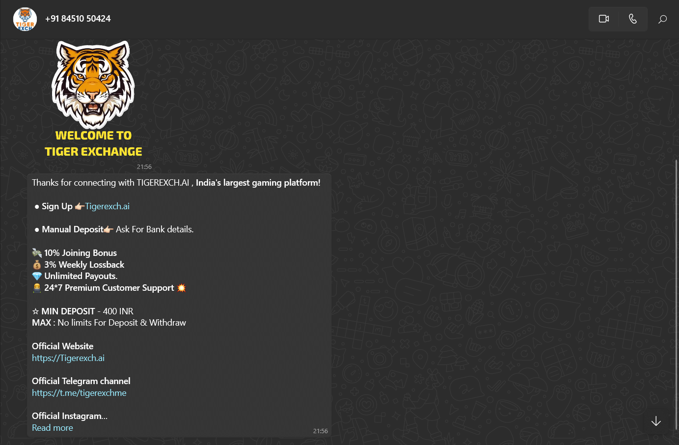 Account creation through whatsapp Agent based TigerExch sign up