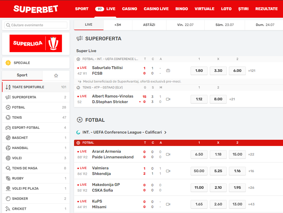 SuperBet Live Betting Page
