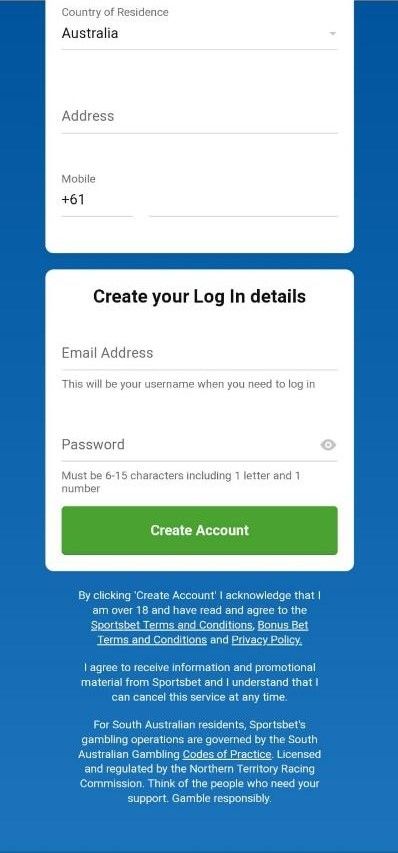 Page for signing up and registering with your account at Sportsbet Android app