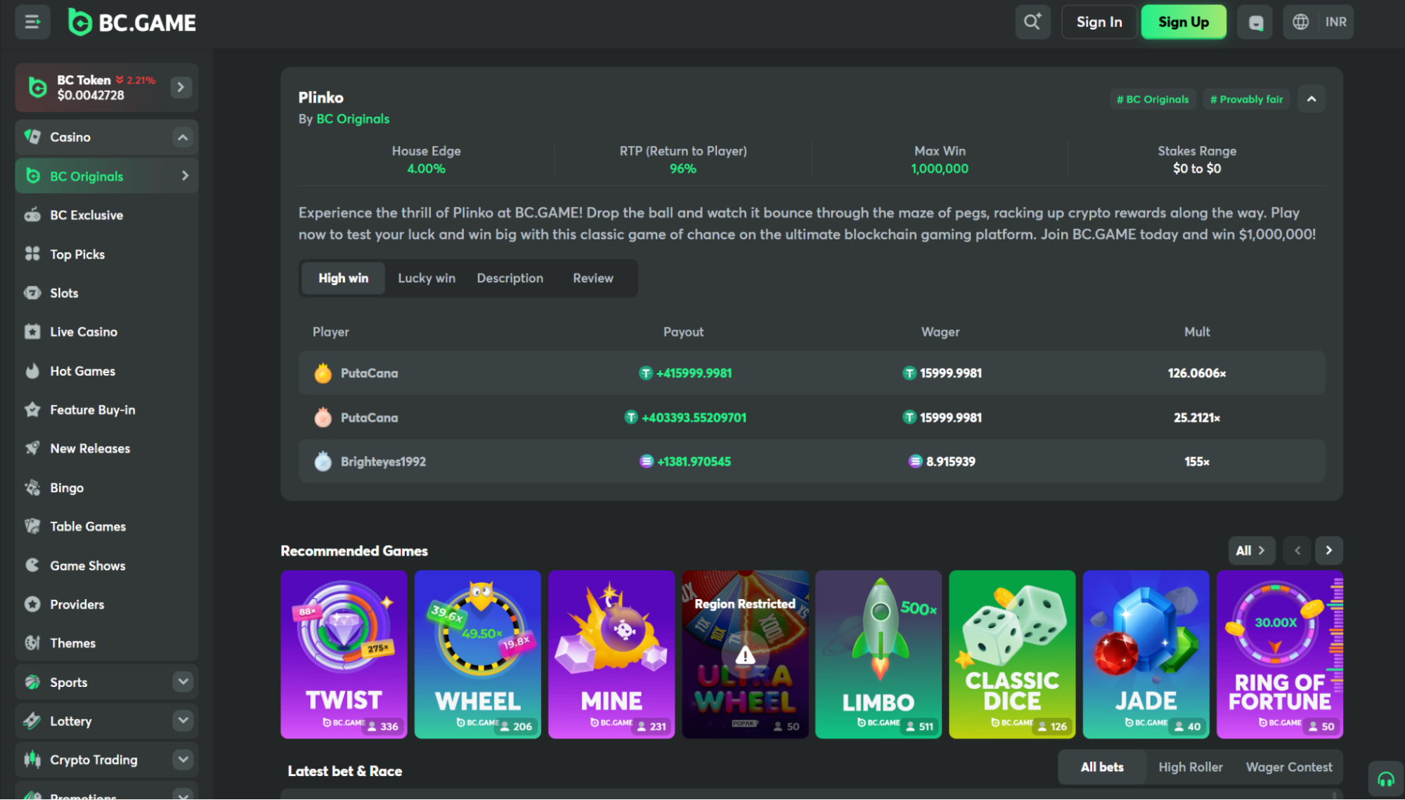 Plinko Stats with RTP at Bc Game