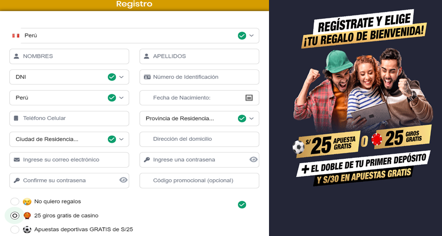 Imagen del formulario de registro para DoradoBet Perú