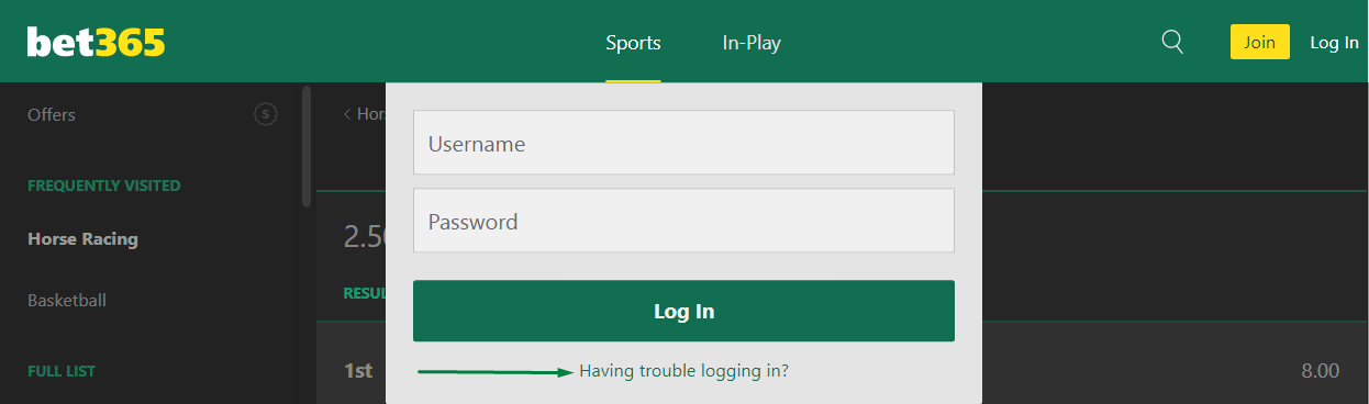 An image of the Bet365 sportsbook login page