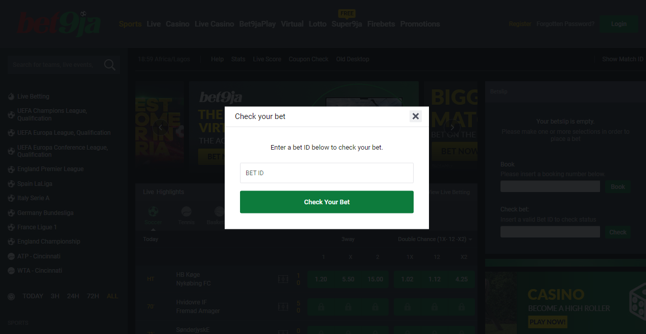 An image of the Bet9ja coupon check page