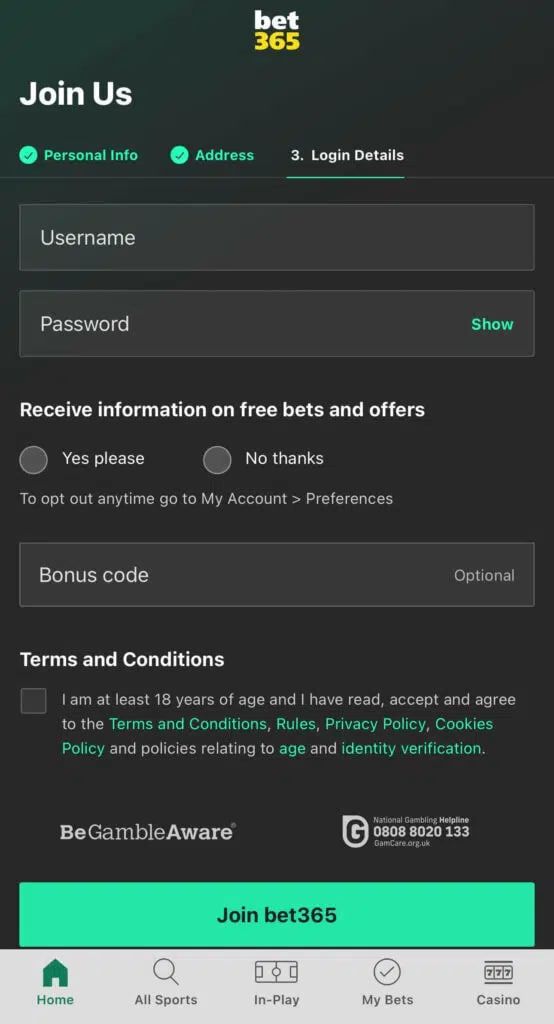 Bet365 register form
