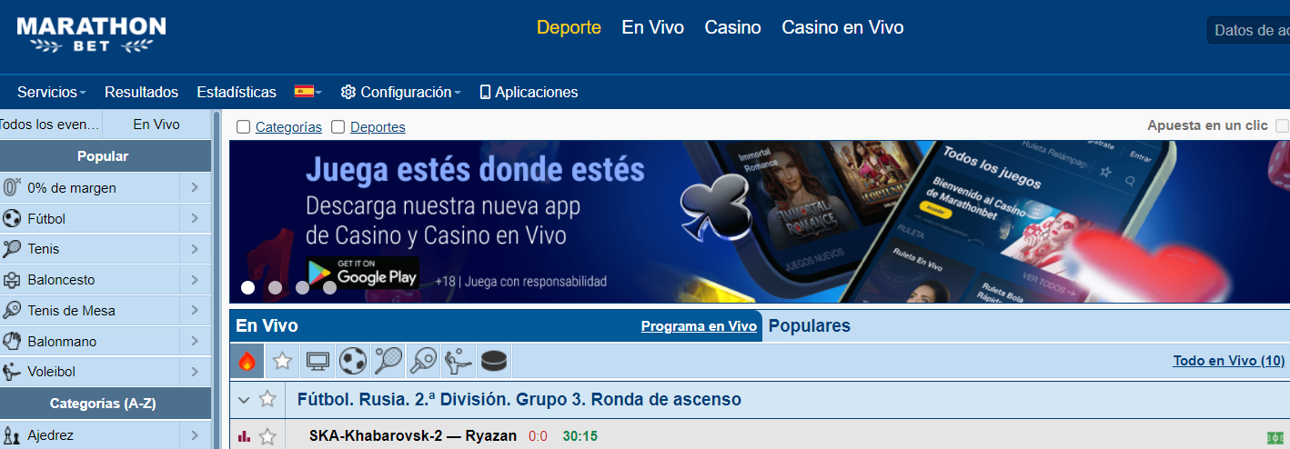 Menú principal de Marathonbet