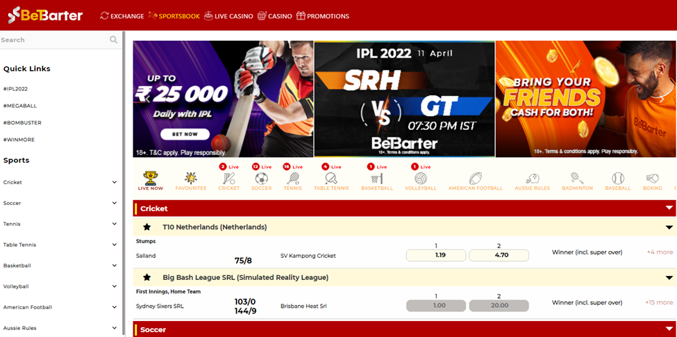 Betbarter Sportsbook Page