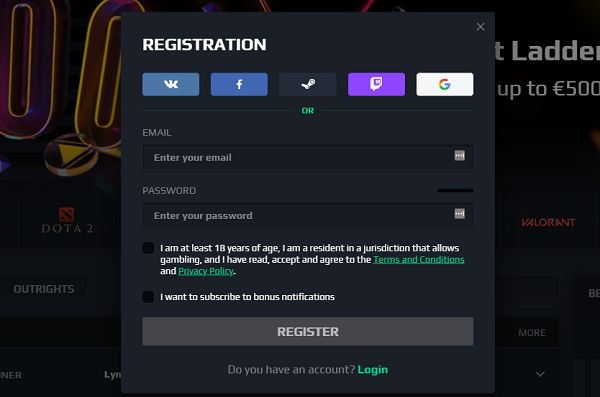 Form for registering on Lootbet betting site