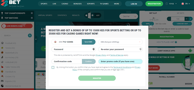 Registering on 22bet to own an account
